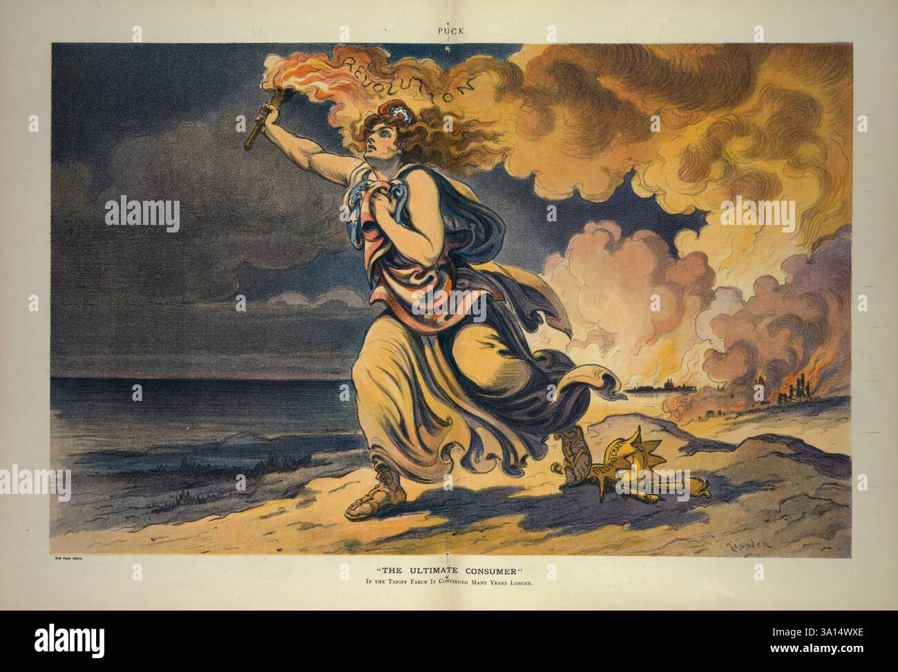 itle: 'The ultimate consumer' /  Udo Keppler. 1909   Showing 'Revolution' if the Tariff Frace is continue Many Years Longer Stock Photo