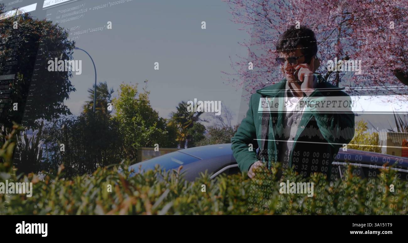 Encryption and data security image over person using smartphone outdoors Stock Photo
