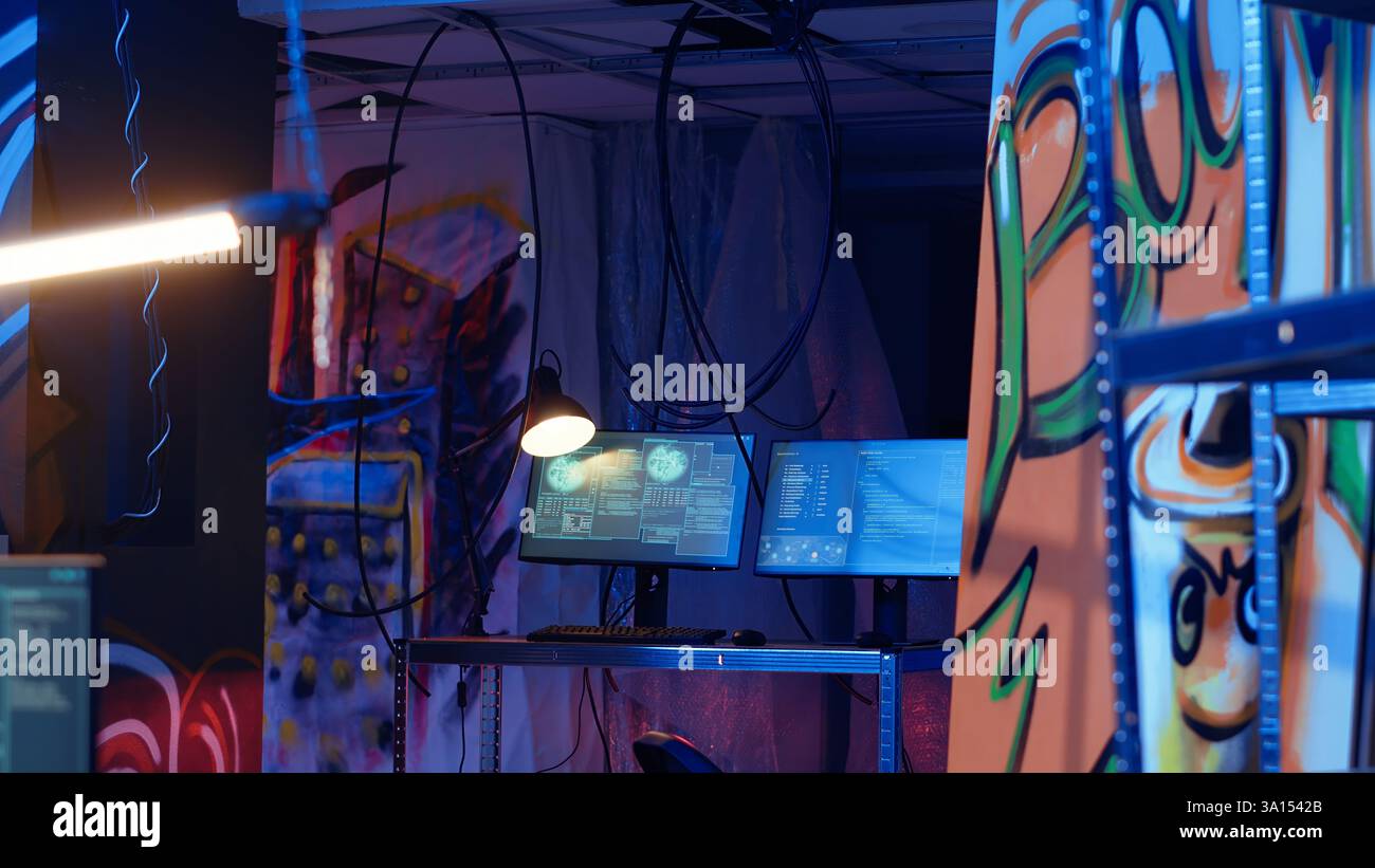 Software interface on computer screens showing developer code running ...