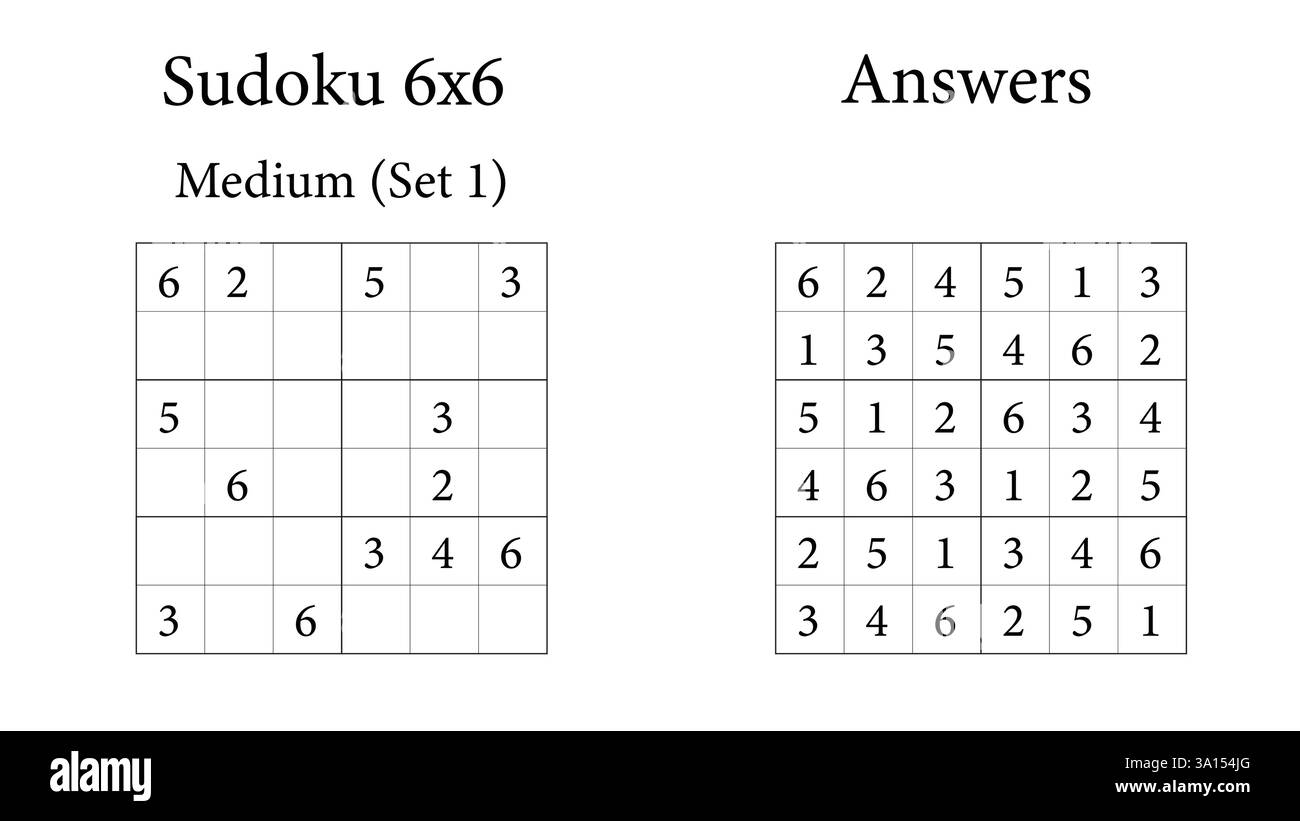 Sudoku Puzzle 6x6 Medium Set 1 with Answers, Fun Brain Training Game