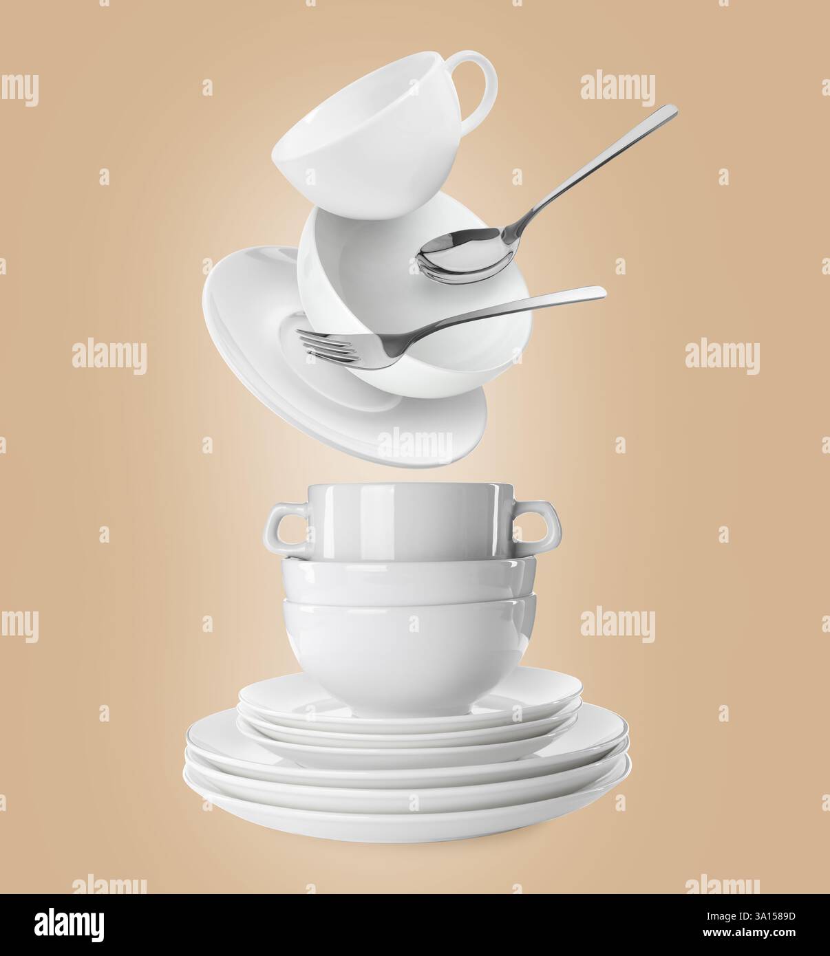 Clean dishware and silverware flying over tableware on dark beige background Stock Photo
