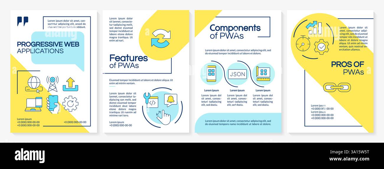 Progressive web applications blue and yellow brochure template Stock ...