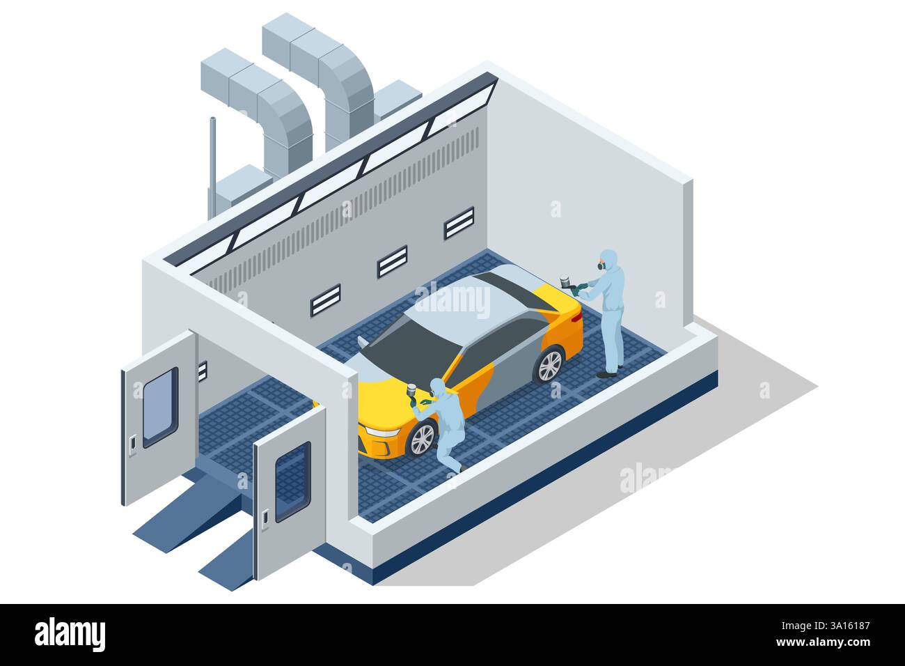 Isometric painting booth with two technicians spraying a yellow gray