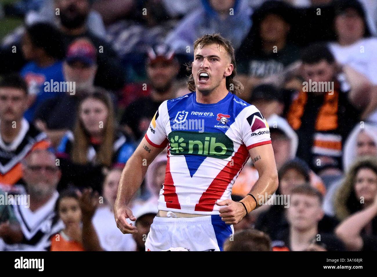 Fletcher Sharp Fletcher Sharpe of the Knights celebrates after scoring a try during ...