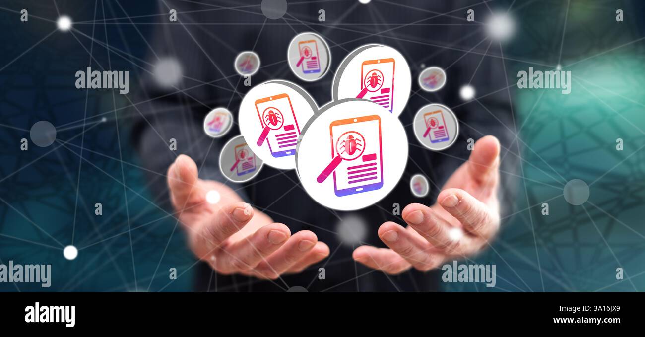 Software testing concept above the hands of a man in background Stock Photo