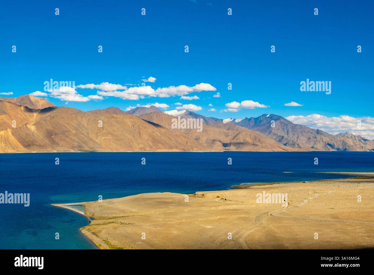 India, Ladakh state, Trans-Himalayan, motorbike tour on Royal enfield between Leh and Pangong Tso Lake (Pangong Lake Road), Pangong Lake Stock Photo