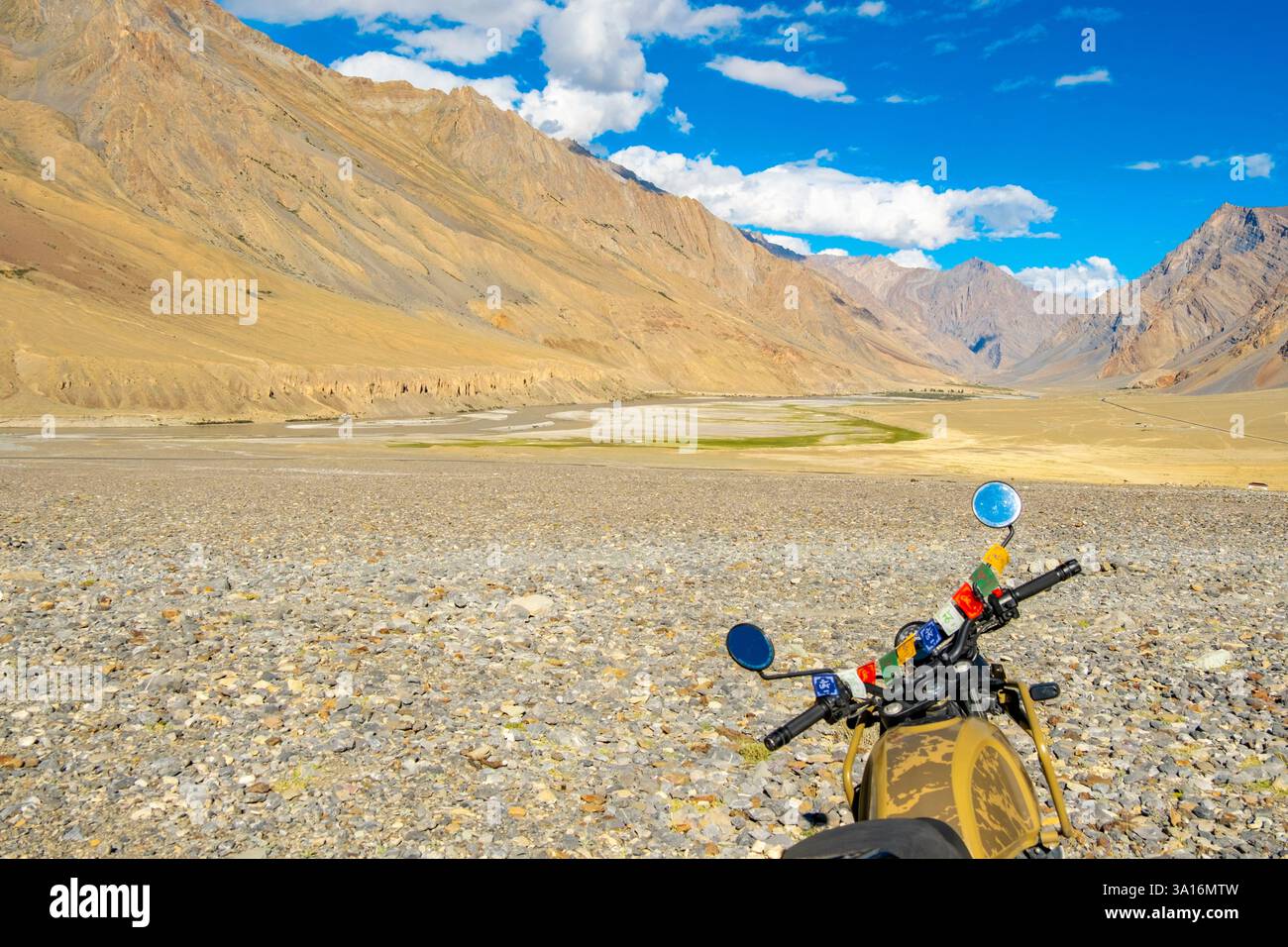 India, Ladakh state, Trans-Himalayan, motorbike tour on Royal enfield from Padum to Lamayuru, Zanskar valley, Zankla, motorbike Stock Photo