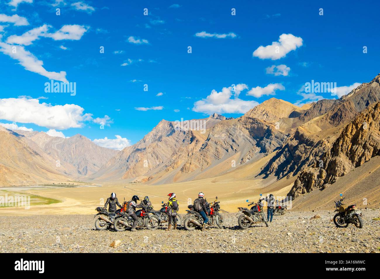 India, Ladakh state, Trans-Himalayan, motorbike tour on Royal enfield from Padum to Lamayuru, Zanskar valley, Zankla, motorbike Stock Photo