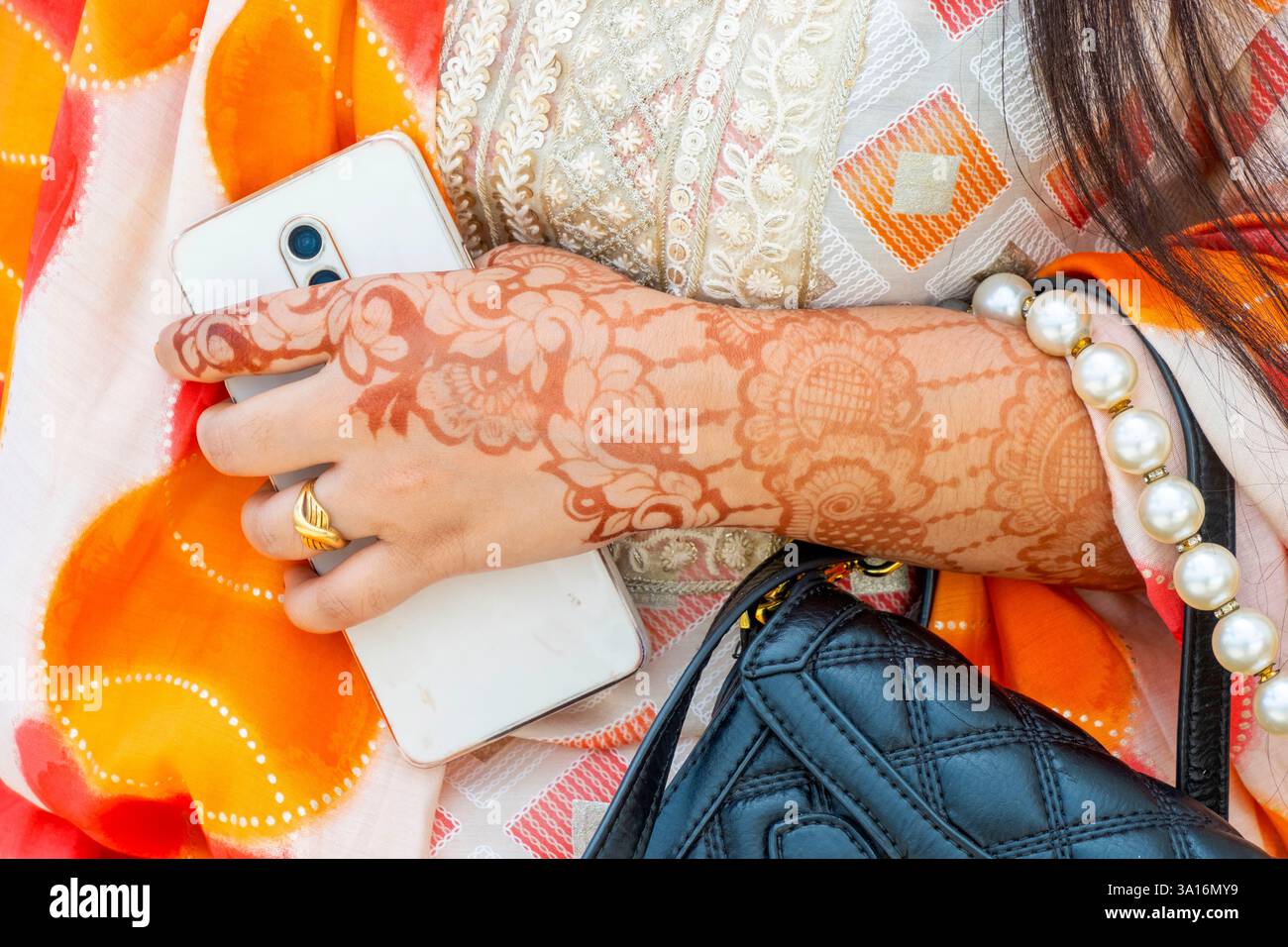 India, Ladakh state, Leh city, woman's tattooed arm Stock Photo