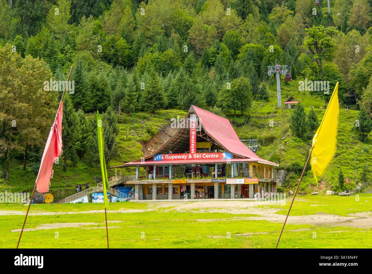 India, Himachal Pradesh state, Trans-Himalayan, motorbike tour on Royal enfield from Naggar to Jispa, Manali, Solang valley, Solang Ropeway Stock Photo