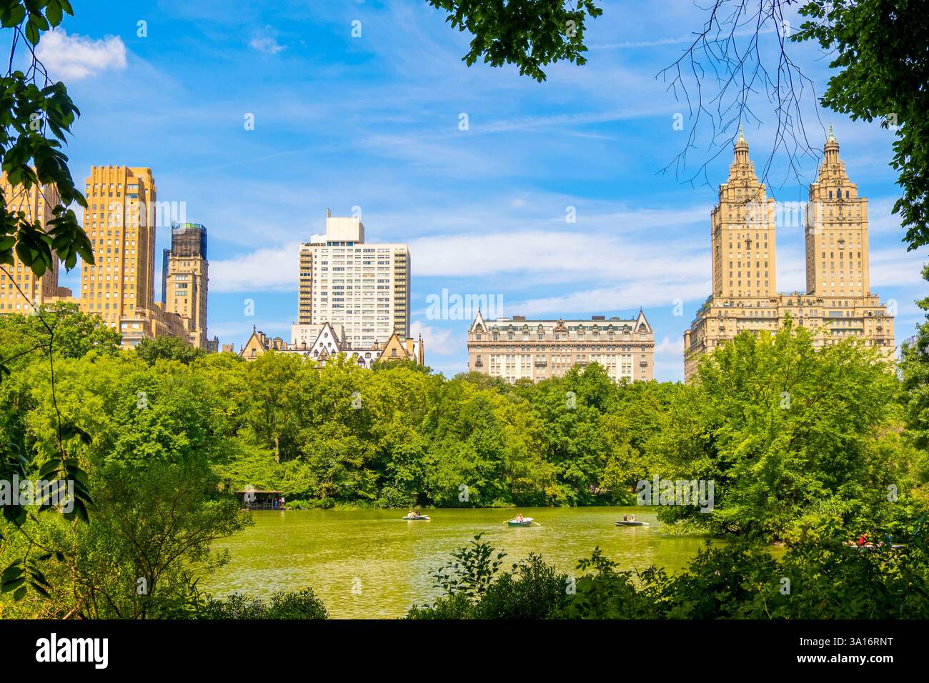 United States, New York State, New York City, Manhattan, Central Park, The San Remo building and The Lake Stock Photo