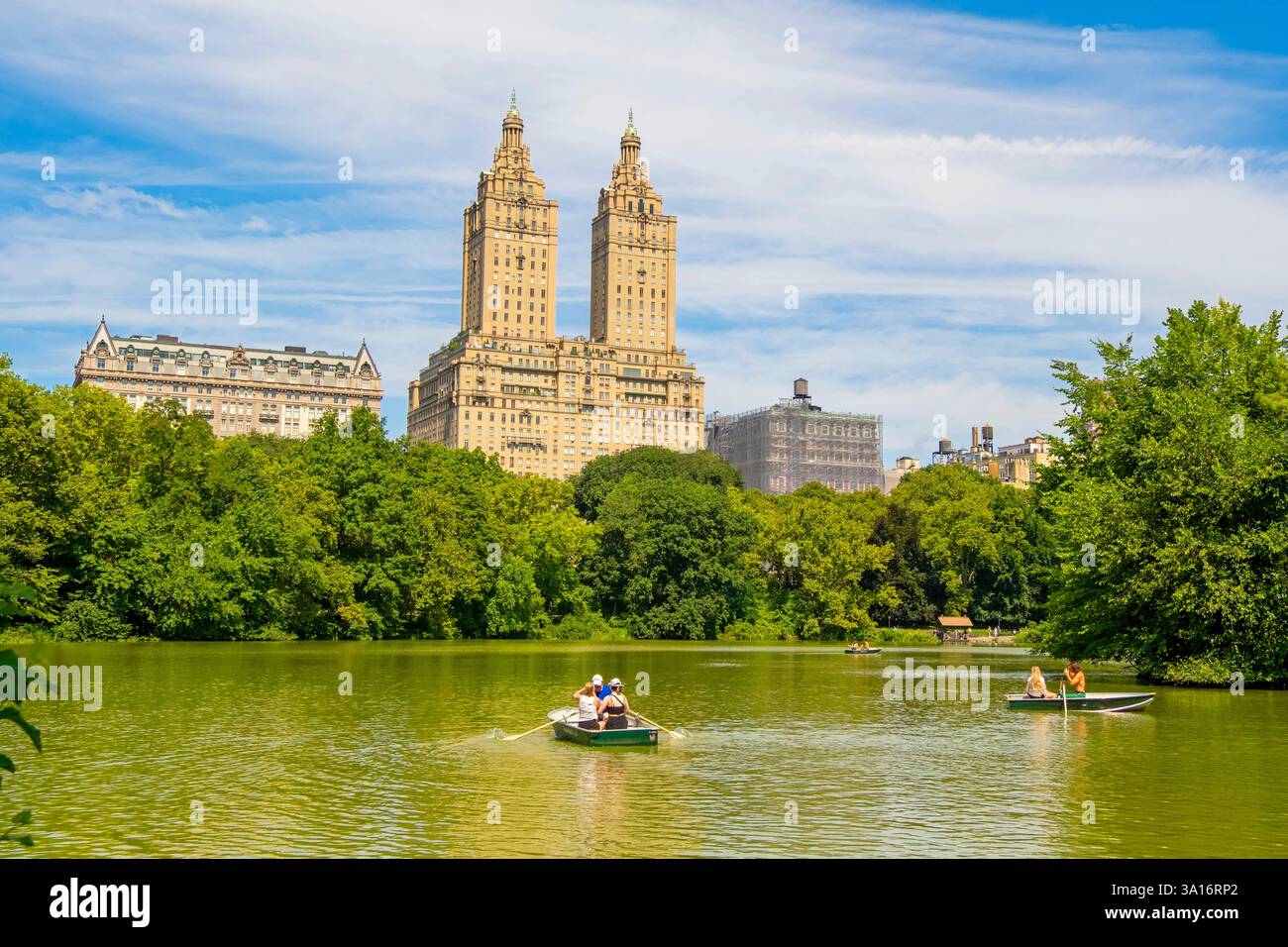 United States, New York State, New York City, Manhattan, Central Park, The San Remo building and The Lake Stock Photo