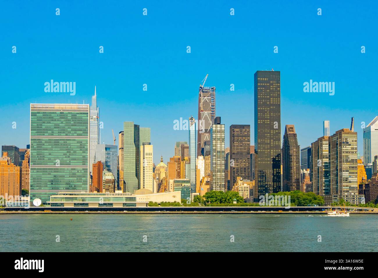 United States, New York State, New York City, from the ferry on the East River with the view of East Village Manhattan, UN building Stock Photo
