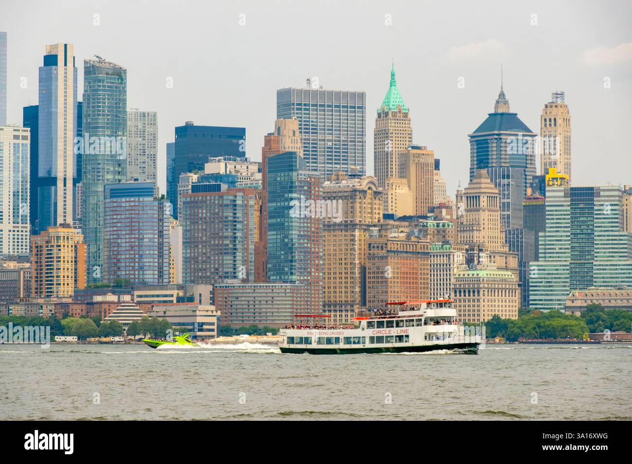 United States, New York State, New York City, view of the Manhattan Financial District from the ferry to Liberty Island (Statue of Liberty) Stock Photo