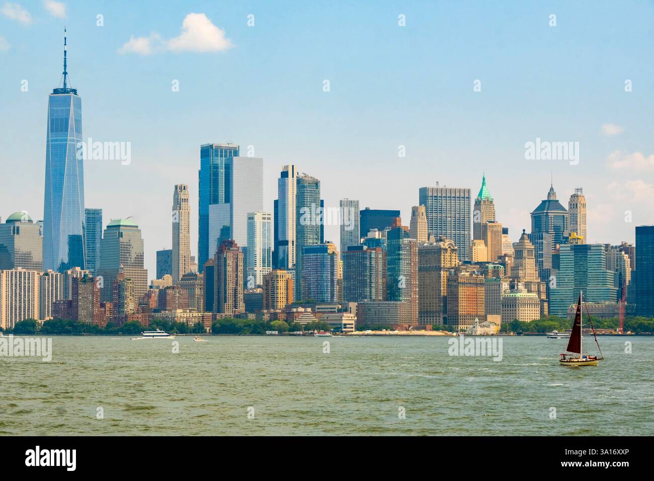 United States, New York State, New York City, view of the Manhattan Financial District from the ferry to Liberty Island (Statue of Liberty) Stock Photo