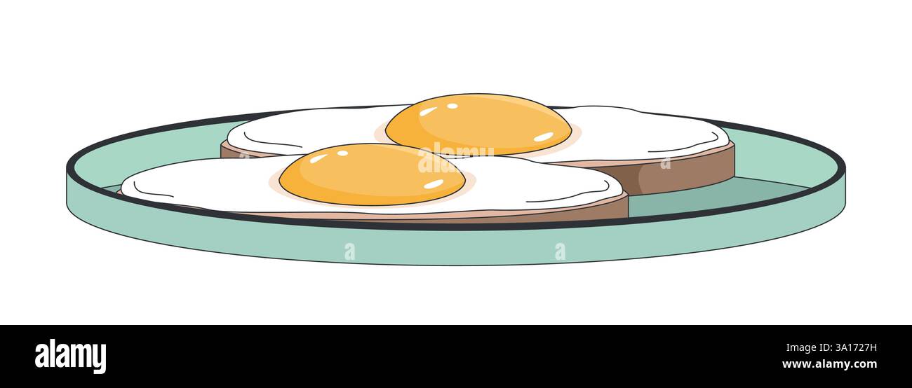 Breakfast with fried eggs on toasts placed on plate 2D cartoon object Stock Vector