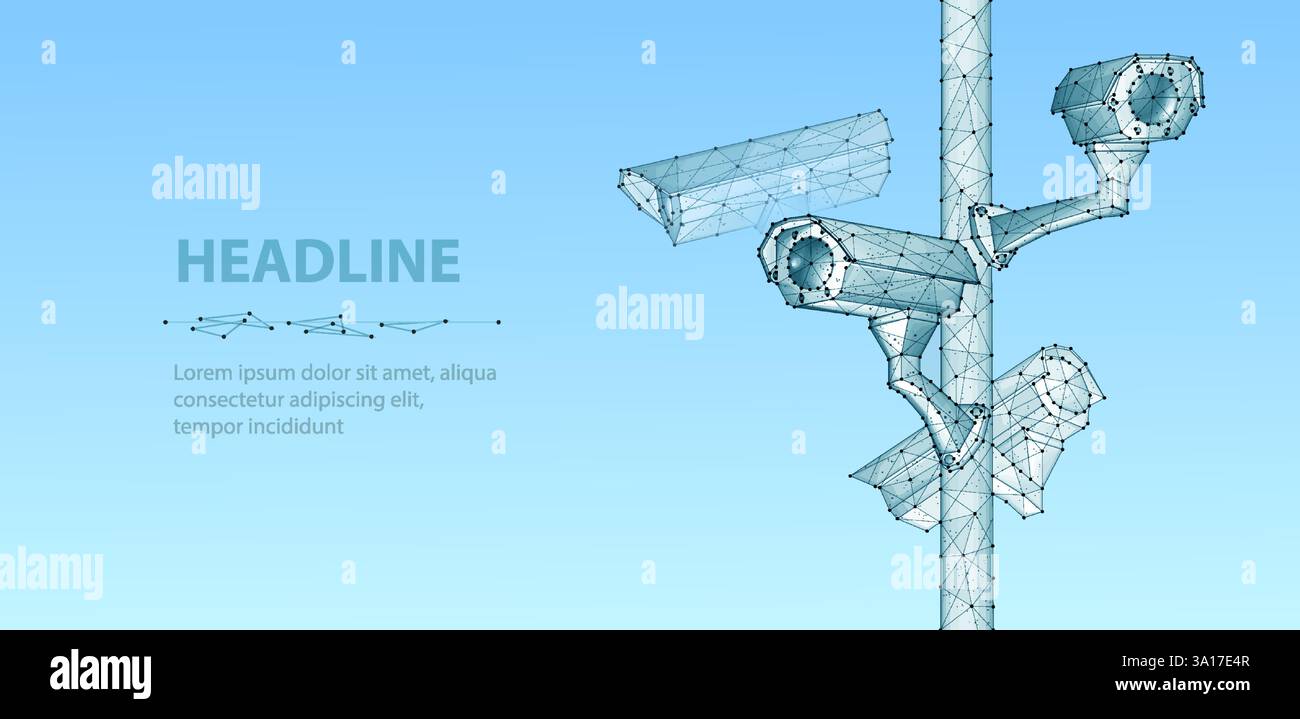Security camera. Vector low pole illustration. Isolated on blue. Security system Stock Vector