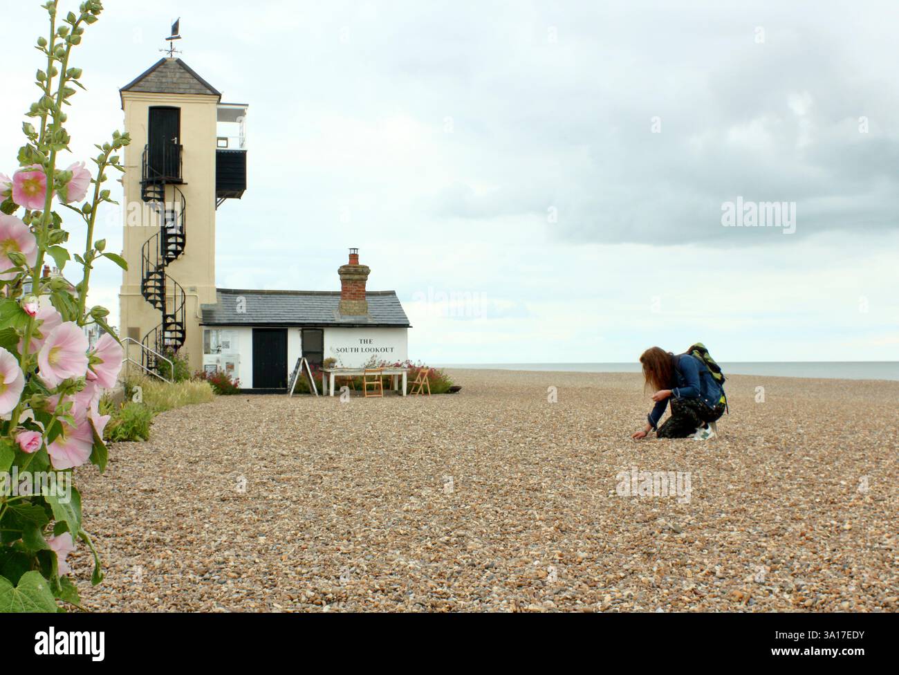Woman beach combing on Aldeburgh shingle beach near Aldeburgh Beach Lookout, Aldeburgh, Suffolk, UK. Stock Photo
