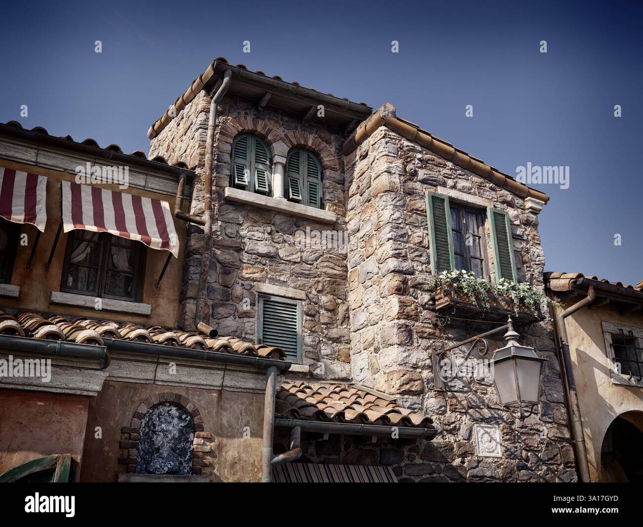 Old house with stone walls and shutters on windows, antique ...
