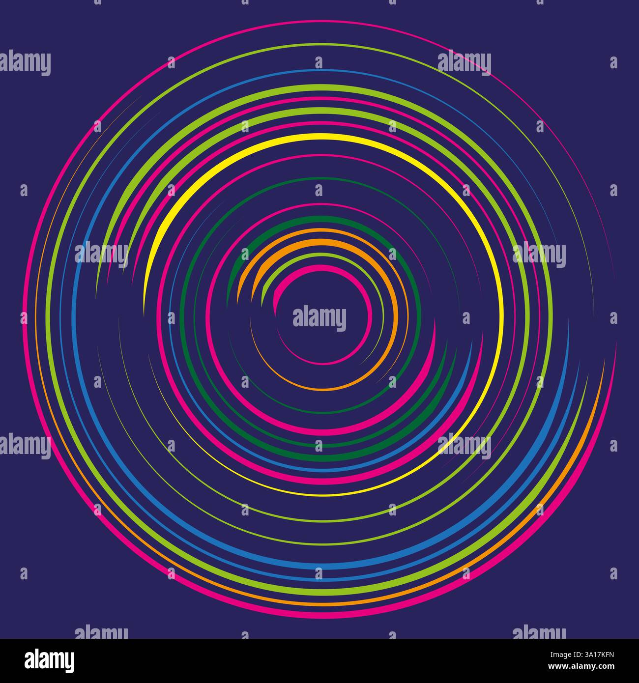 Colorful concentric circles. Vibrant abstract pattern. Rotating optical illusion. Dark blue background. Stock Vector