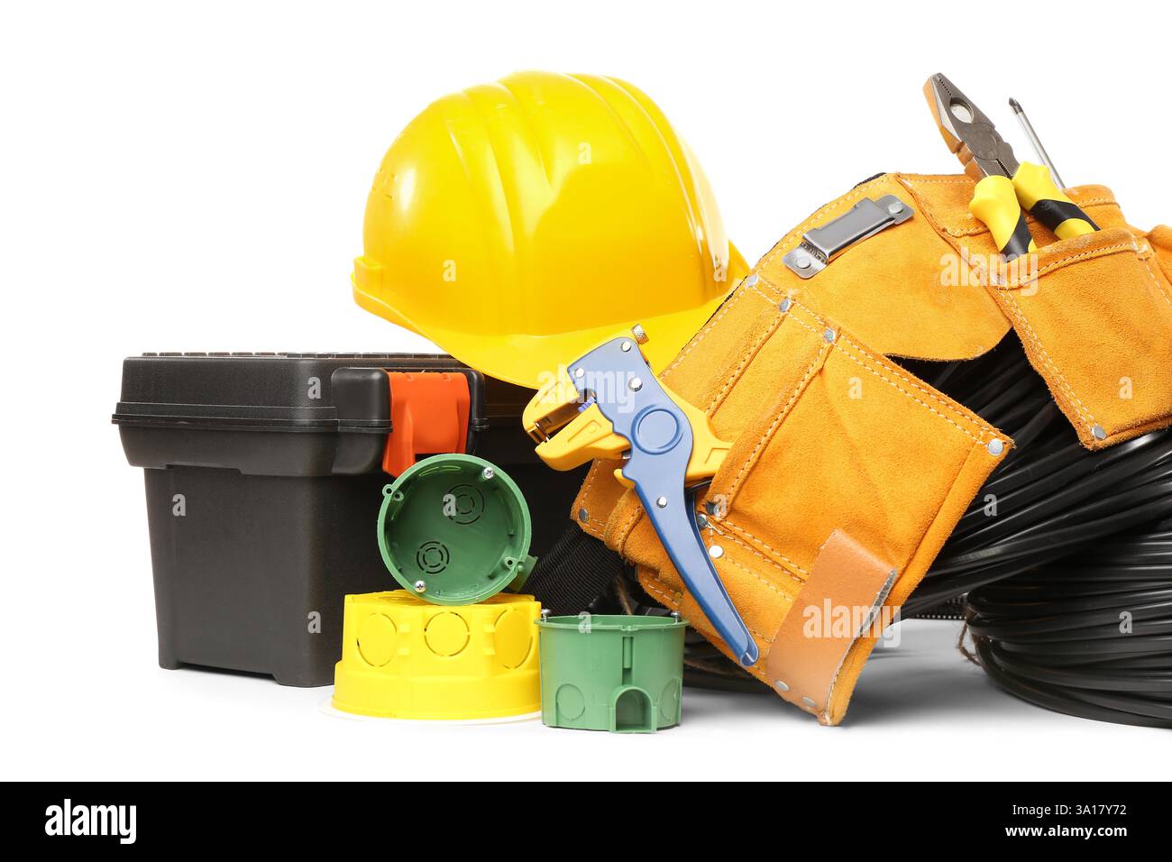 Electrician tools, rolled cables, electrical junction box and socket mounting boxes on white background Stock Photo