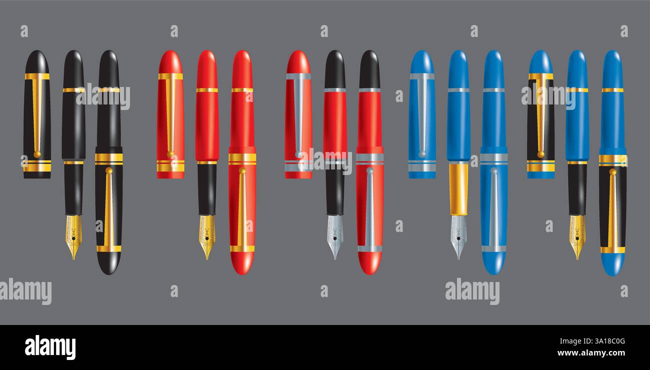 A few fountain pens with different colors, with or without the caps on ...