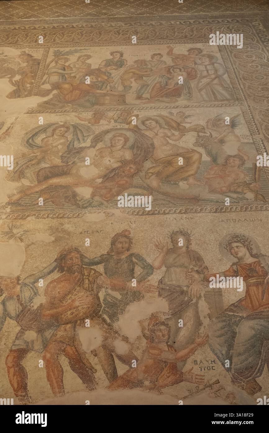 Cyprus, Paphos, Nea Pafos Archaeological Site, House of Aion, Colourful Roman Floor Mosaics Stock Photo