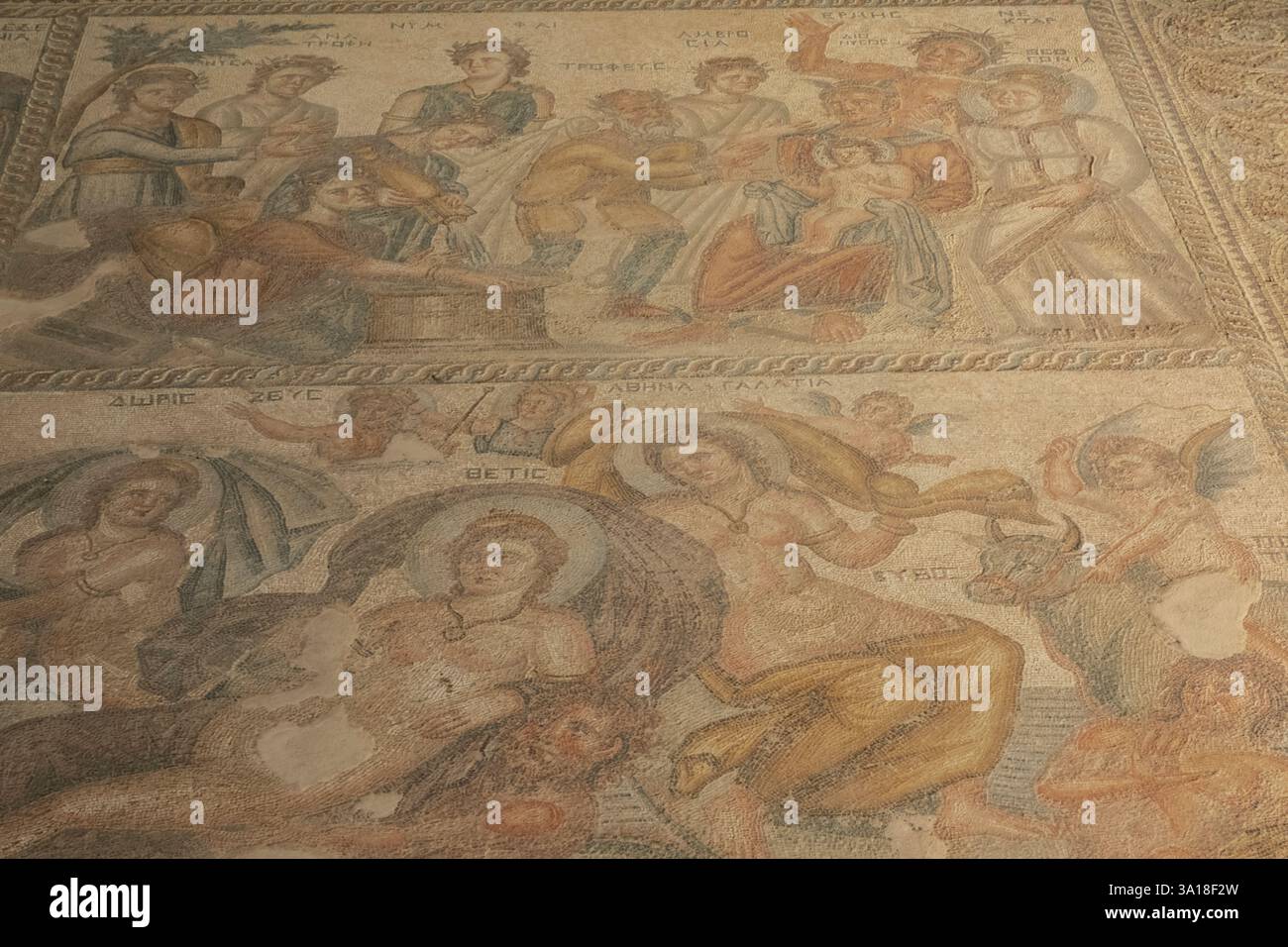 Cyprus, Paphos, Nea Pafos Archaeological Site, House of Aion, Colourful Roman Floor Mosaics Stock Photo