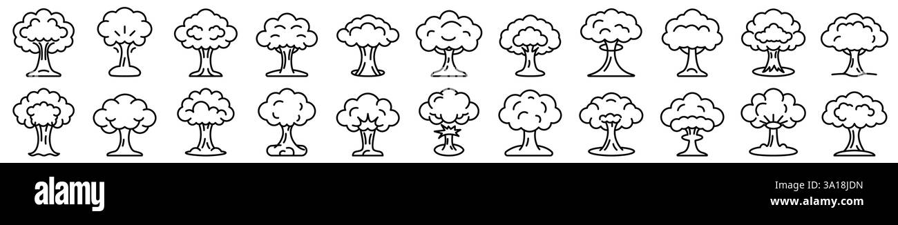 Explosion linear icons set. Atomic or nuclear explosion. Editable stroke. Vector illustration Stock Vector