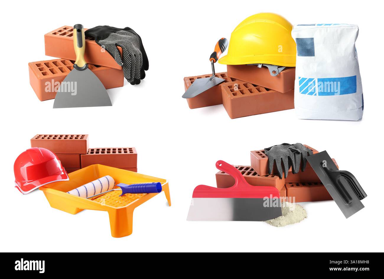 Set with construction tools, equipment and materials isolated on white ...