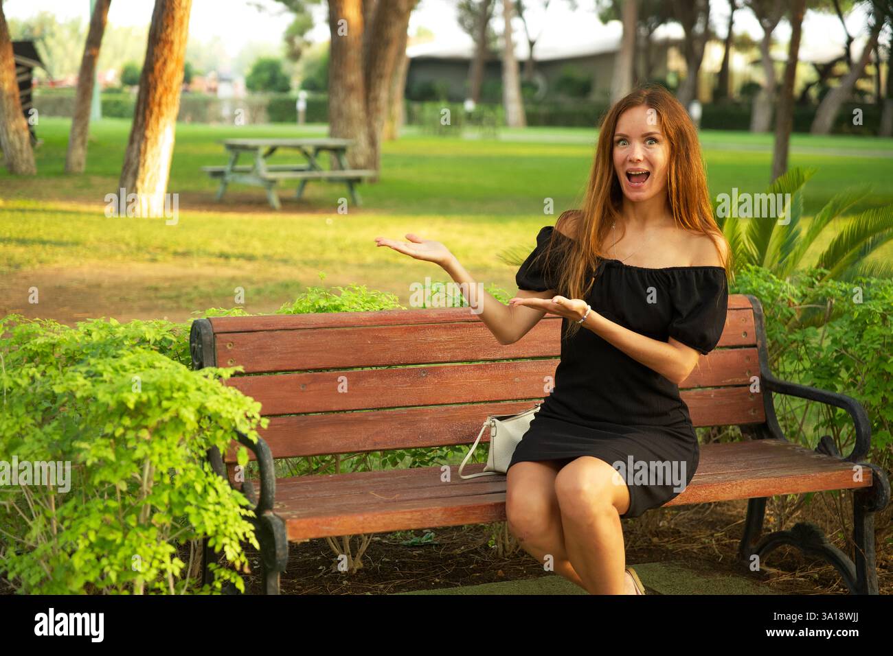 Woman in black dress posing in park during sunset Stock Photo