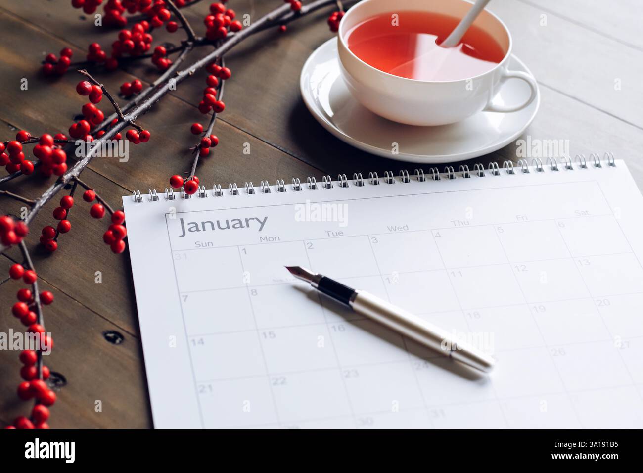 January calendar with cup of herbal tea on wooden desk with red winterberries branches Stock Photo