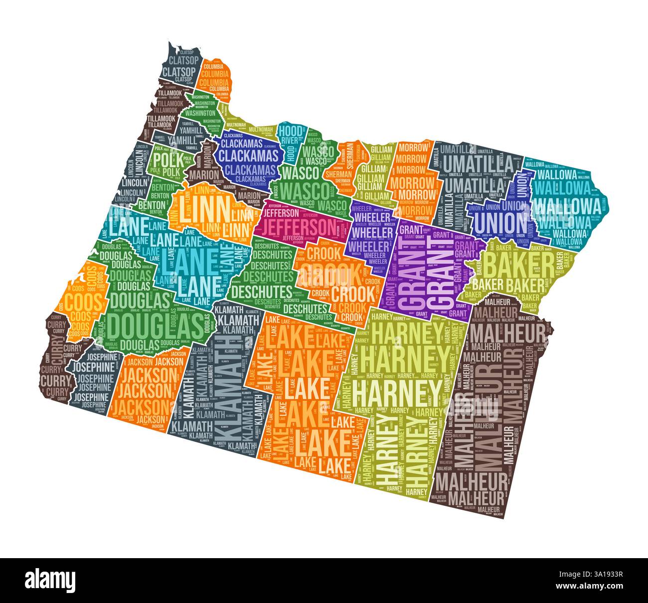 Oregon shape. State word cloud with county division. Oregon colored ...