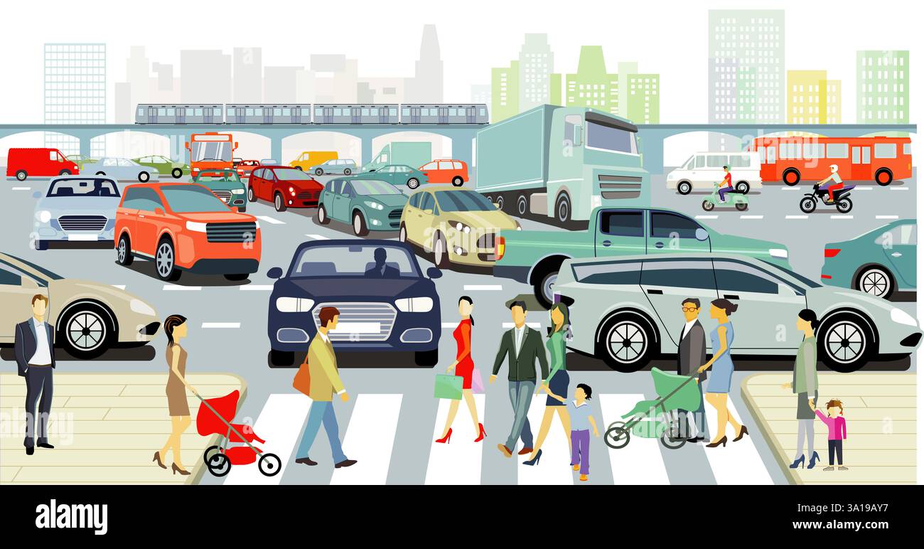 city skyline with traffic jam and pedestrians, illustration Stock Photo ...