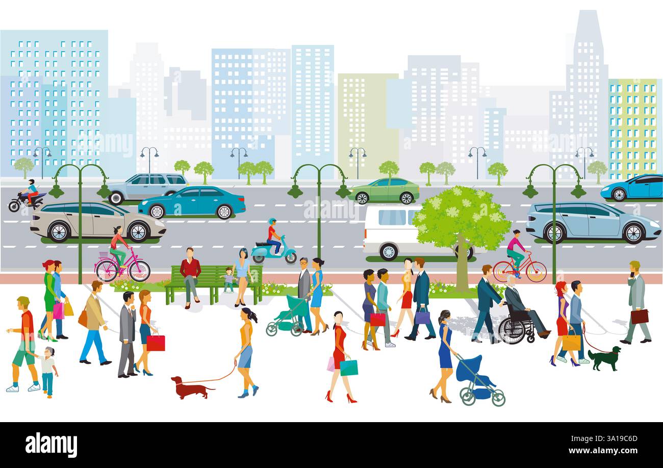 big city city skyline with road traffic and pedestrians, illustration ...