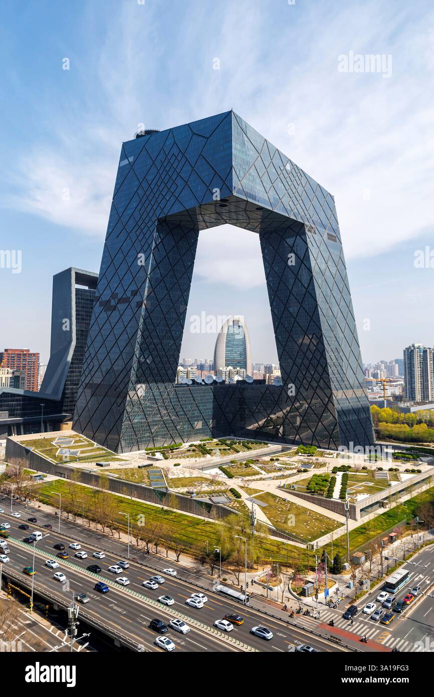 Beijing, China, Beijing central business district CBD skyline with the headquarters of Chinese television CCTV portrait in Beijing, China. Stock Photo