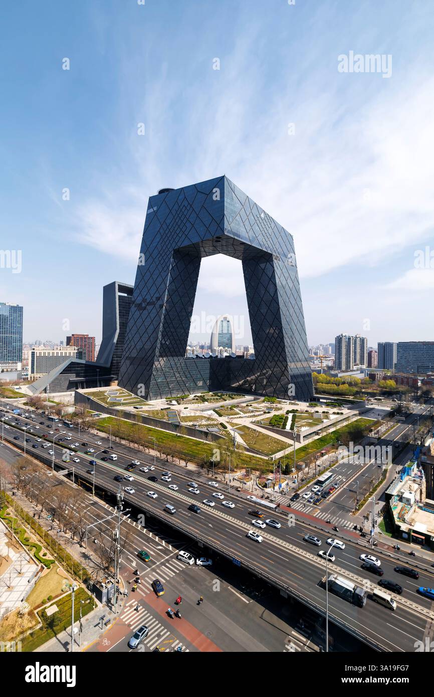 Beijing, China, Beijing central business district CBD skyline with the headquarters of Chinese television CCTV portrait in Beijing, China. Stock Photo