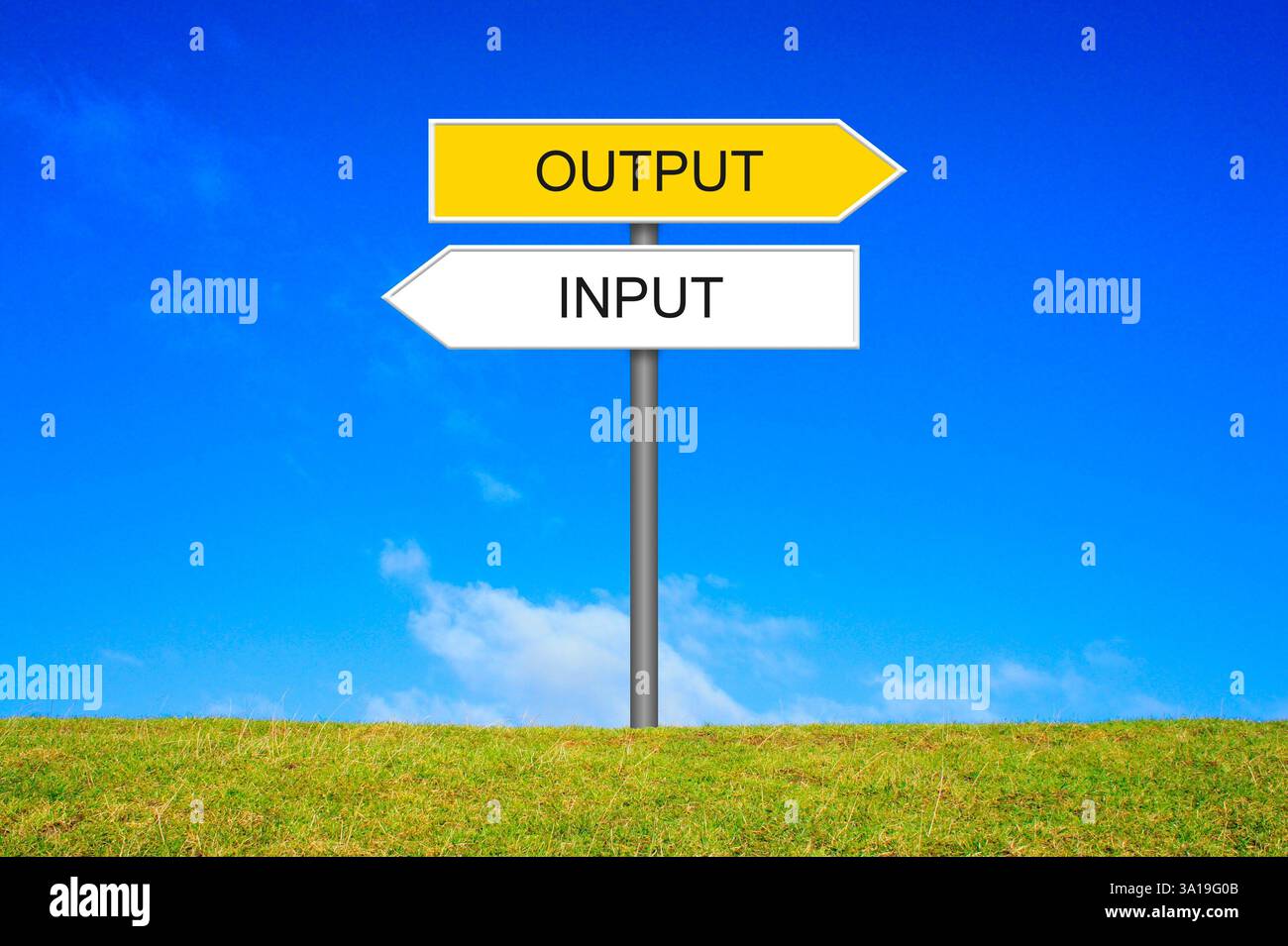 Signpost Sign points in the directions input and output Stock Photo - Alamy