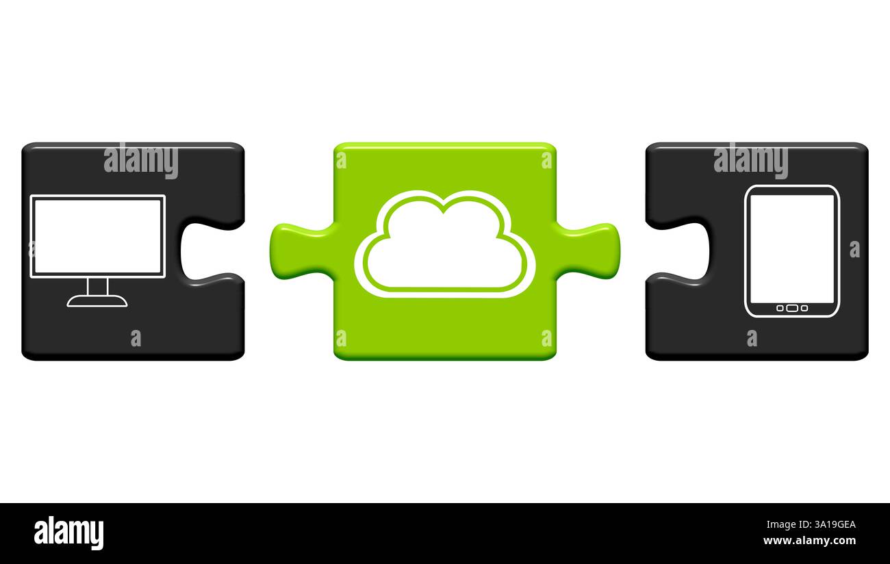 3 puzzle pieces with symbols show connection of data from the cloud to ...