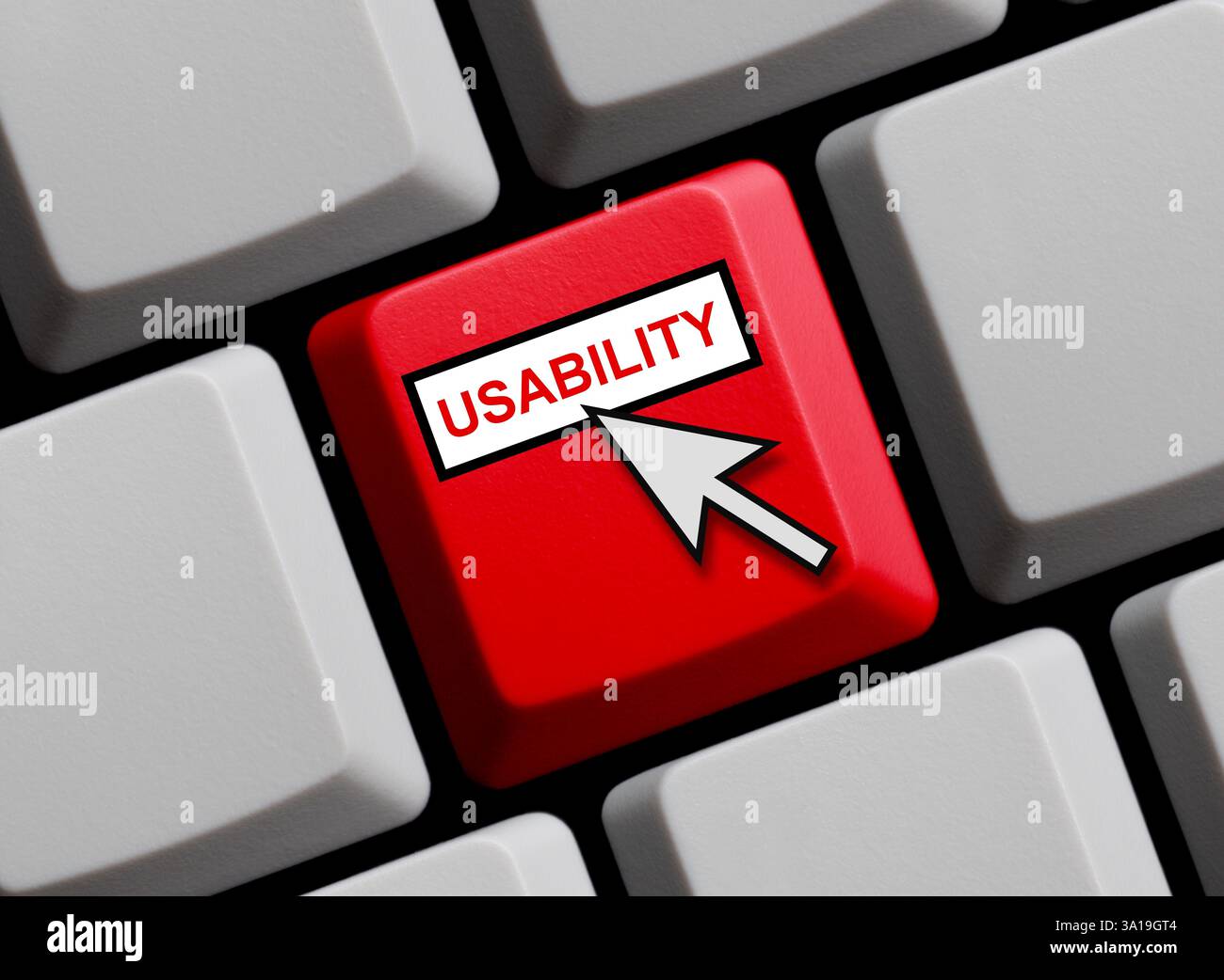 Red keyboard with mouse arrow shows usability online Stock Photo