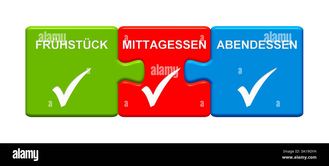 Isolated three-piece puzzle button with tick symbol shows breakfast ...