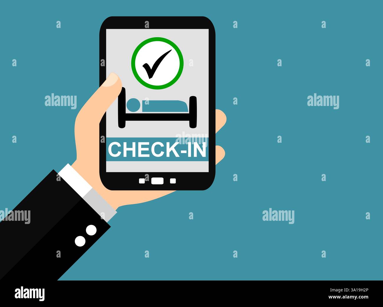 Hand with smartphone: Hotel check-in - flat design Stock Photo - Alamy
