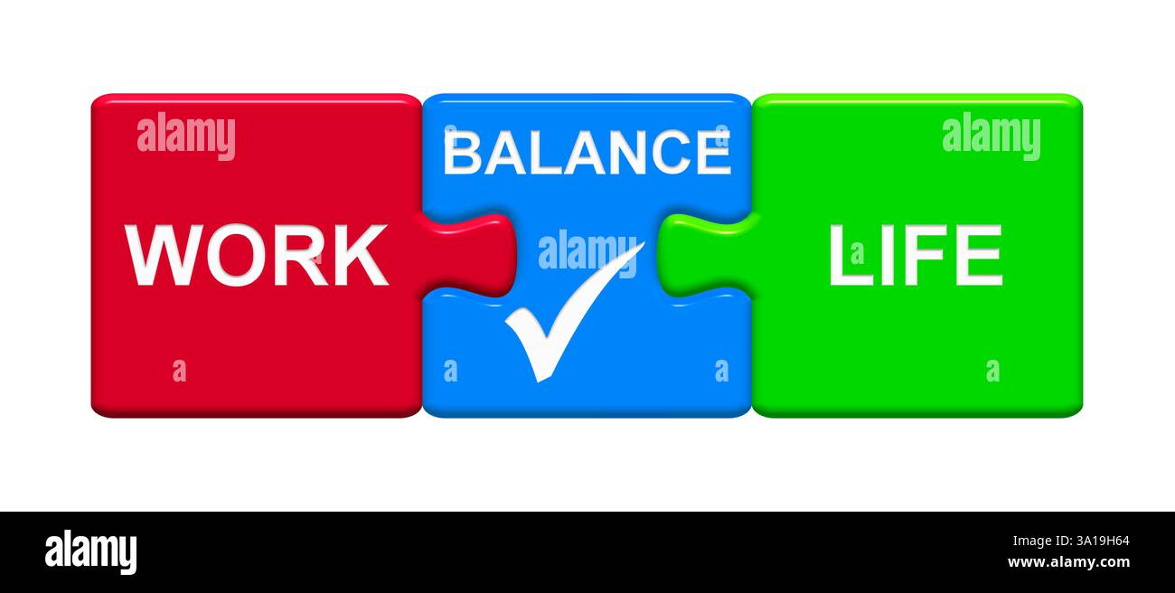 Isolated three-piece puzzle button with tick symbol shows work-life ...