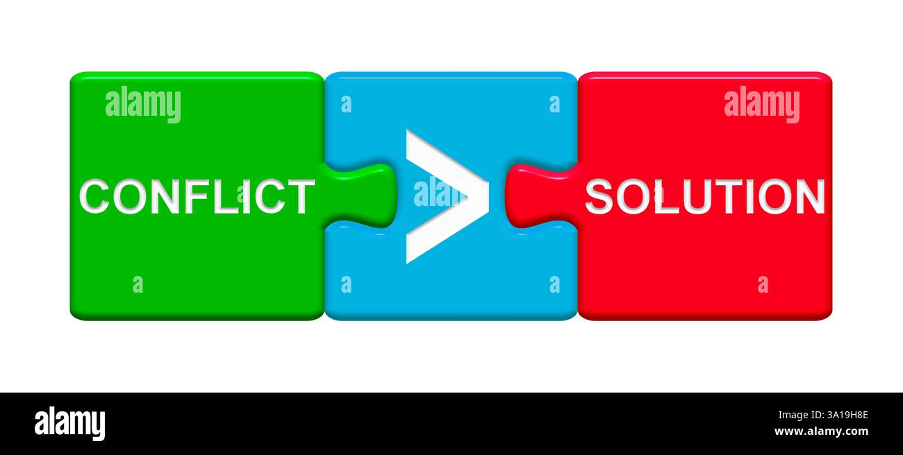 Problem And Solution Button Isolated puzzle button consisting of three pieces shows Conflict and ...