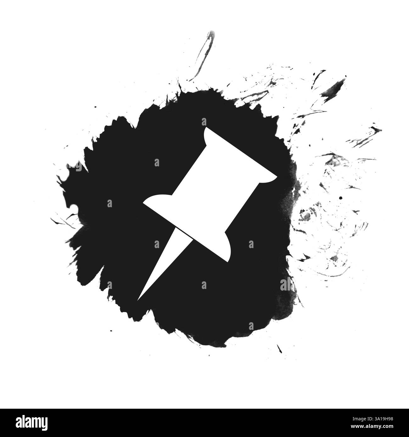 Pin icon on isolated patch in black with splashes of paint Stock Photo