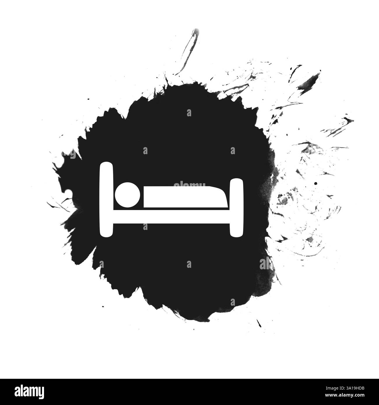Bed or hotel icon on isolated stain in black with splashes of paint Stock Photo
