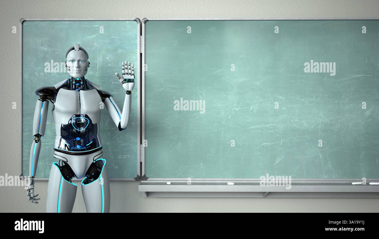 Humanoid robot in the classroom with a green chalkboard. 3d illustration. Stock Photo