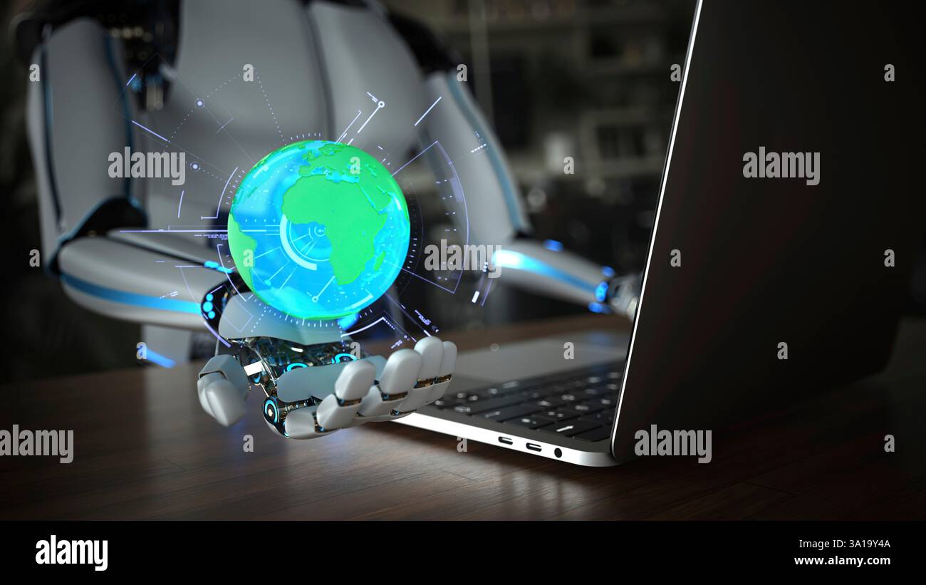 Robot Notebook Humanoid robot in the office with a notebook and a virtual globe. 3d ...