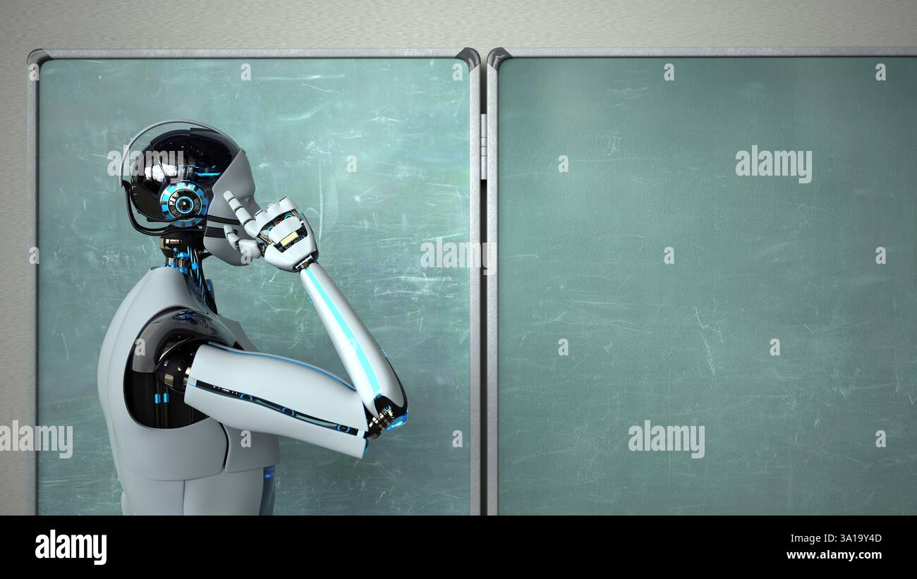 Humanoid robot in the classroom with a green chalkboard. 3d illustration. Stock Photo