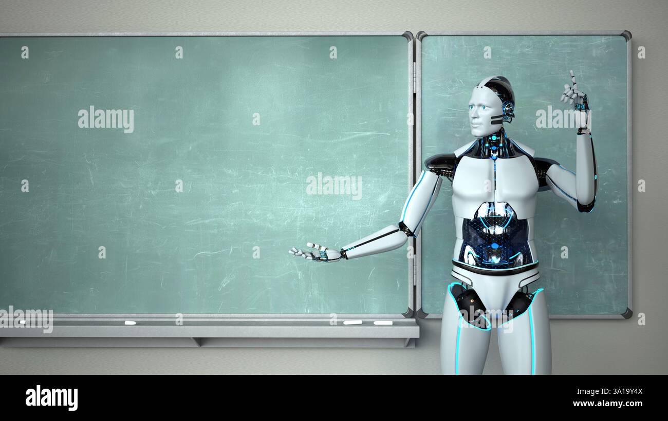 Humanoid robot in the classroom with a green chalkboard. 3d illustration. Stock Photo